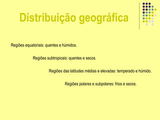 Distribuição geográfica
Regiões equatoriais: quentes e húmidos.
Regiões subtropicais: quentes e secos.
Regiões das latitudes médias e elevadas: temperado e húmido.
Regiões polares e subpolares: frios e secos.
 