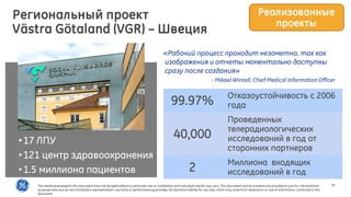 25
«Рабочий процесс проходит незаметно, так как
изображения и отчеты моментально доступны
сразу после создания»
- Mikael Wintell, Chief Medical Information Officer
•17 ЛПУ
•121 центр здравоохранения
•1.5 миллиона пациентов
99.97% Отказоустойчивость с 2006
года
40,000
Проведенных
телерадиологических
исследований в год от
сторонних партнеров
2 Миллиона входящих
исследований в год
Региональный проект
Västra Götaland (VGR) – Швеция
Реализованные
проекты
The results expressedin this document may not be applicable to a particular site or installation and individual results may vary. This document and its contents are provided to you for informational
purposes only and do not constitute a representation,warranty or performance guarantee. GE disclaims liability for any loss, which may arise from reliance on or use of information, contained in this
document.
 