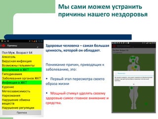Мы сами можем устранить
причины нашего нездоровья
Здоровье человека – самая большая
ценность, которой он обладает.
Понимание причин, приводящих к
заболеванию, это:
• Первый этап пересмотра своего
образа жизни
• Мощный стимул уделять своему
здоровью самое главное внимание и
средства.
 