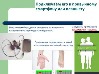 Подключаем его к привычному
смартфону или планшету
Приложение подсказывает к какой
точке прижать «активный» электрод
Подключаем биогаджет к смартфону или планшету,
как привычную гарнитуру или наушники.
Запускаем приложение
МЕДИСКРИН – MOBILE.
 