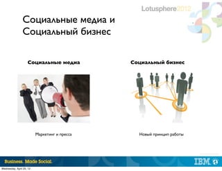 Социальные медиа и
                Социальный бизнес

                    Социальные медиа           Социальный бизнес




                          Маркетинг и пресса     Новый принцип работы



                                                                        |   © 2012 IBM Corporation




Wednesday, April 25, 12
 