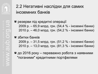 резерви під кредитні операції 2009 р. – 65,9 млрд. грн. (54,4 % - іноземні банки) 2010 р. – 46,0 млрд. грн. (54,2 % - іноземні банки) збитки банків 2009 р. – 31,5 млрд. грн. (51,2 % - іноземні банки) 2010 р. – 13,0 млрд. грн. (81,3 % - іноземні банки) до 2016 року – переважно робота з наявними  "поганими" кредитними портфелями 2.2 Негативні наслідки для самих іноземних банків   