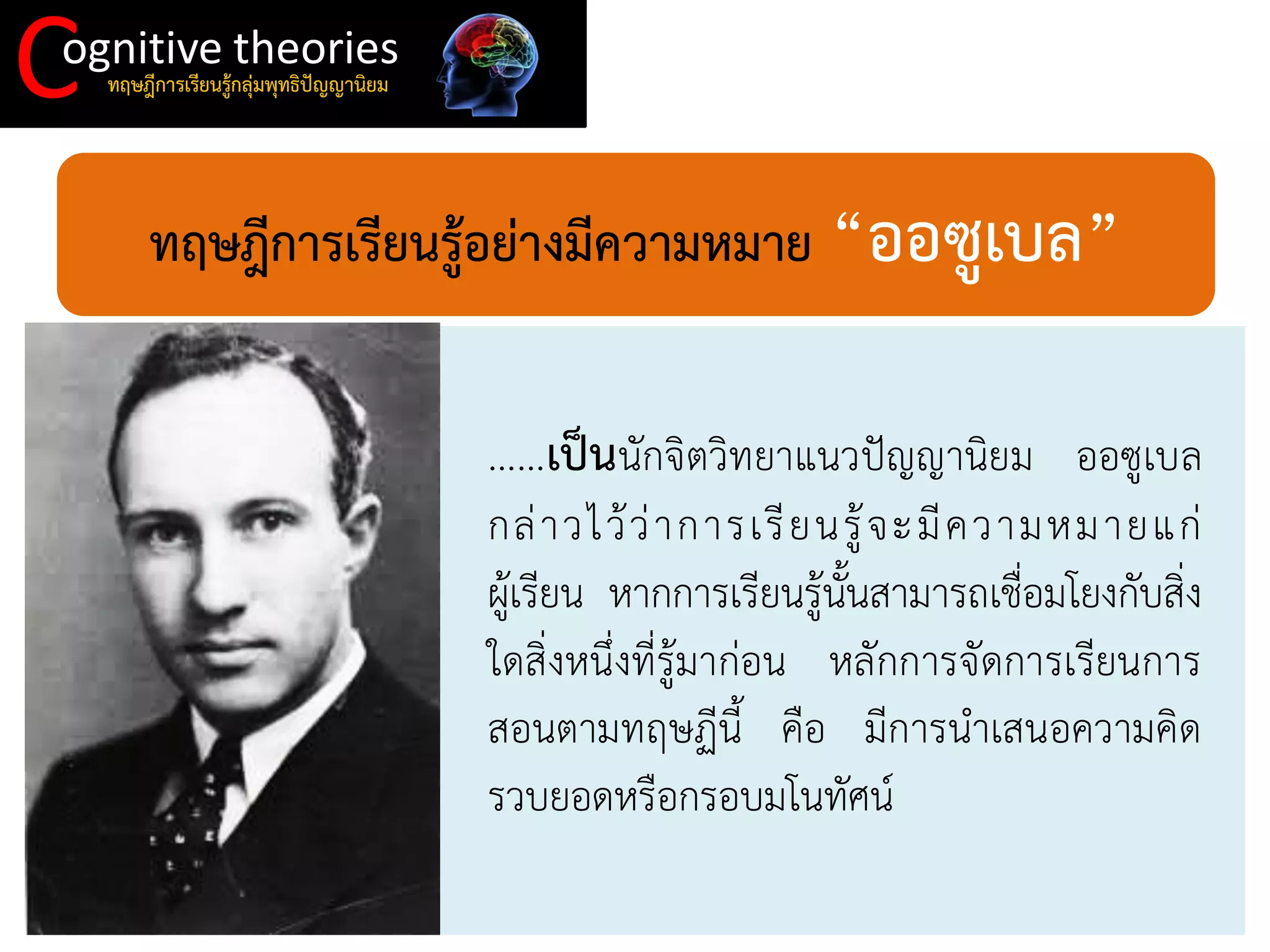 C 
ognitive theories 
ทฤษฎีการเรียนรู้กลุ่มพุทธิปัญญานิยม 
ทฤษฎีการเรียนรู้อย่างมีความหมาย “ออซูเบล” 
......เป็นนักจิตวิทยาแนวปัญญานิยม ออซูเบล กล่าวไว้ว่าการเรียนรู้จะมีความหมายแก่ ผู้เรียน หากการเรียนรู้นั้นสามารถเชื่อมโยงกับสิ่ง ใดสิ่งหนึ่งที่รู้มาก่อน หลักการจัดการเรียนการ สอนตามทฤษฏีนี้ คือ มีการนาเสนอความคิด รวบยอดหรือกรอบมโนทัศน์  
