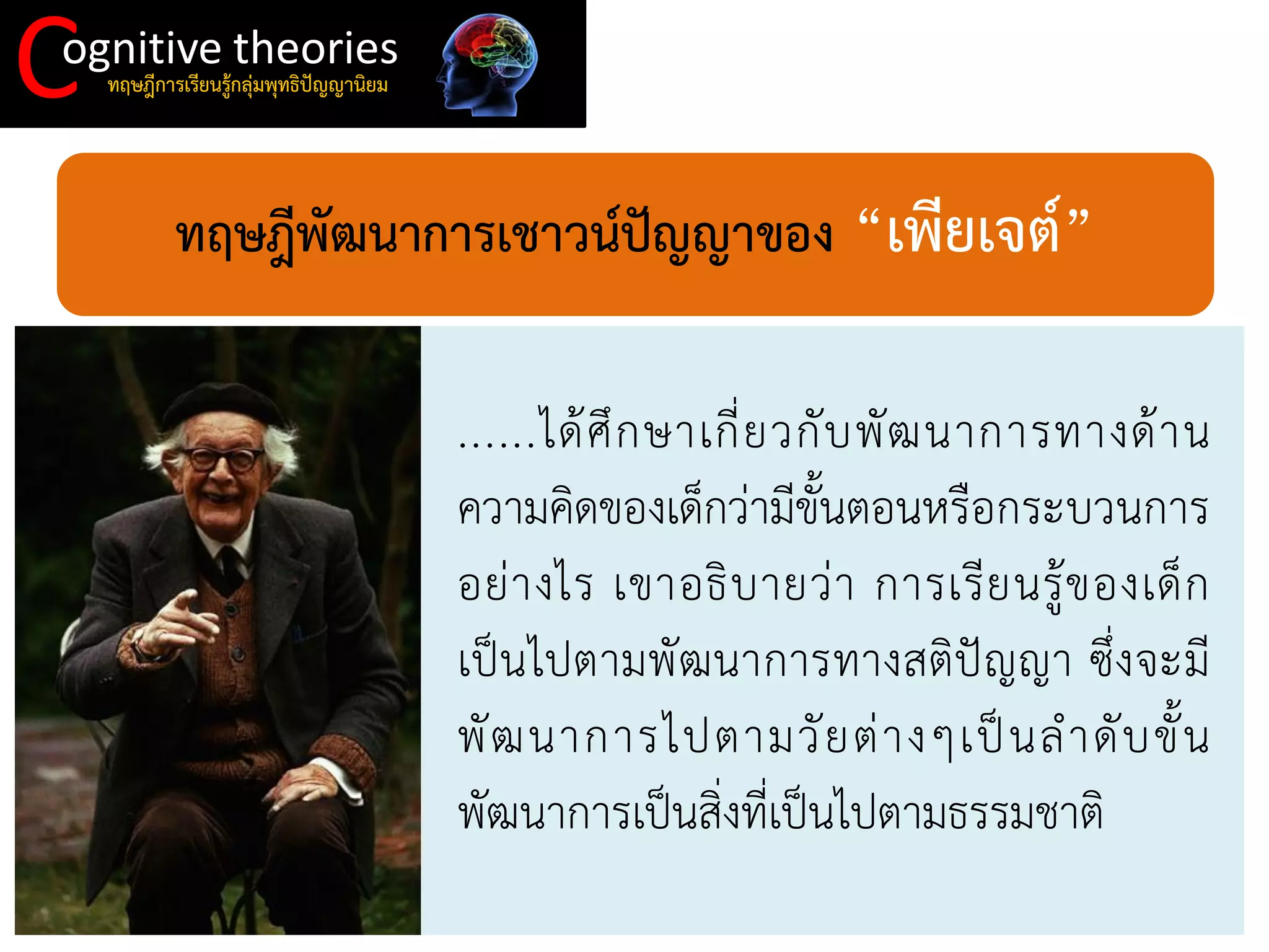 C 
ognitive theories 
ทฤษฎีการเรียนรู้กลุ่มพุทธิปัญญานิยม 
ทฤษฎีพัฒนาการเชาวน์ปัญญาของ “เพียเจต์” 
......ได้ศึกษาเกี่ยวกับพัฒนาการทางด้าน ความคิดของเด็กว่ามีขั้นตอนหรือกระบวนการ อย่างไร เขาอธิบายว่า การเรียนรู้ของเด็ก เป็นไปตามพัฒนาการทางสติปัญญา ซึ่งจะมี พัฒนาการไปตามวัยต่างๆเป็นลาดับขั้น พัฒนาการเป็นสิ่งที่เป็นไปตามธรรมชาติ  