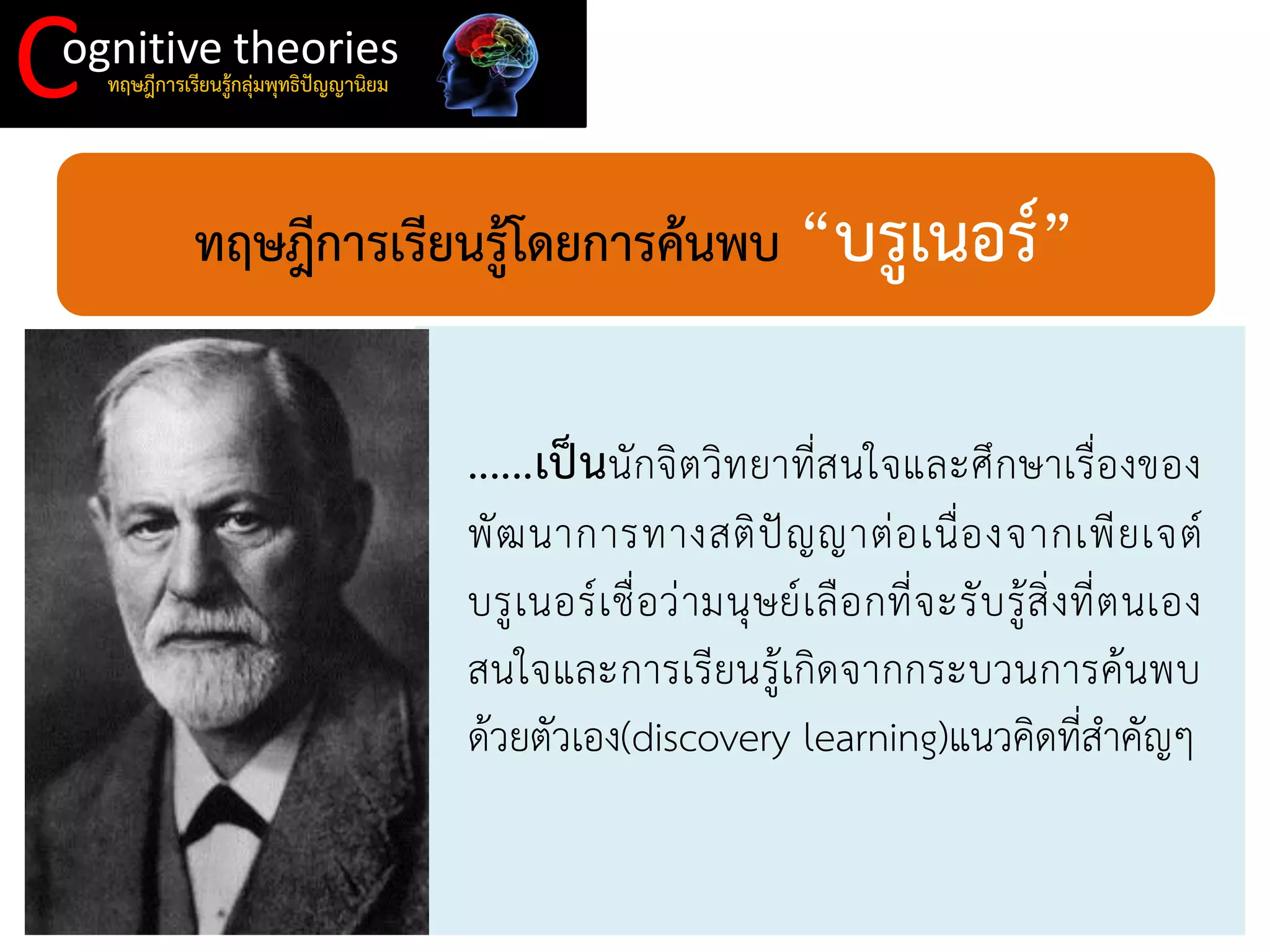 C 
ognitive theories 
ทฤษฎีการเรียนรู้กลุ่มพุทธิปัญญานิยม 
ทฤษฎีการเรียนรู้โดยการค้นพบ “บรูเนอร์” 
......เป็นนักจิตวิทยาที่สนใจและศึกษาเรื่องของ พัฒนาการทางสติปัญญาต่อเนื่องจากเพียเจต์ บรูเนอร์เชื่อว่ามนุษย์เลือกที่จะรับรู้สิ่งที่ตนเอง สนใจและการเรียนรู้เกิดจากกระบวนการค้นพบ ด้วยตัวเอง(discovery learning)แนวคิดที่สาคัญๆ  