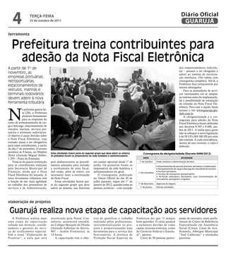 4              teRçA-feiRA
                  25 de outubro de 2011
                                                                                                                                                                    Diário Oficial
                                                                                                                                                                     GUARUJÁ

ferramenta


   Prefeitura treina contribuintes para
     adesão da Nota Fiscal Eletrônica
A partir de 1º de                                                                                                                                                 dos empreendedores individu-
                                     Divulgação




                                                                                                                                                                  ais – passam a ser obrigadas a
novembro, as                                                                                                                                                      aderir ao sistema de escritura-
empresas portuárias,                                                                                                                                              ção eletrônica. (Ver tabela com
retroportuárias,                                                                                                                                                  cronograma completo). Até lá, a
                                                                                                                                                                  Prefeitura fará treinamentos por
estacionamentos de                                                                                                                                                setores abrangidos.
veículos, marinas e                                                                                                                                                   Para os prestadores de servi-
terminais rodoviários                                                                                                                                             ços interessados em se adaptar
devem aderir à nova                                                                                                                                               ao sistema antes da implantação,
                                                                                                                                                                  há a possibilidade de simulação
ferramenta tributária                                                                                                                                             da emissão da Nota Fiscal Ele-




N
                                                                                                                                                                  trônica. Para usar a opção, basta
            a próxima quarta-fei-                                                                                                                                 acessar o site www.guaruja.gin-
            ra (26), a Prefeitura                                                                                                                                 fesh.com.br
            promove treinamento                                                                                                                                       A obrigatoriedade e o cro-
            para as empresas do                                                                                                                                   nograma para adesão da Nota
ramo de armazenamento de car-                                                                                                                                     Fiscal Eletrônica foram definidos
ga e descarga, estacionamento de                                                                                                                                  nos decretos 9.395 e 9.490, am-
veículos, marinas, serviços por-                                                                                                                                  bos de 2011. A multa para quem
tuários e terminais rodoviários.                                                                                                                                  não se adequar à nova legislação
O objetivo é sanar dúvidas sobre                                                                                                                                  é de 50 UFs (R$ 100,50) por nota
a Nota Fiscal Eletrônica, cuja                                                                                                                                    não emitida. A cada reincidência,
emissão passa a ser obrigatória                                                                                                                                   dentro do ano corrente, o valor é
para esses contribuintes, a partir                                                                                                                                dobrado.
do dia 1º de novembro. O evento
acontece às 9 horas, no Delphin             Estas atividades fazem parte do segundo grupo que deve aderir ao sistema.        Cronograma de obrigatoriedade (Decreto 9490/2012)
Hotel (Avenida Miguel Stéfno,               Os primeiros foram os empresários da rede hoteleira e administradores
1.295 – Praia da Enseada).                                                                                                   DAtA                                  AtiviDADe
    Trata-se da quarta orientação           pois desburocratiza os procedi-        em caráter opcional desde 1º de        1º de outubro   Hotel, similares e administração de bens
para os contribuintes realizada             mentos adotados para emissão           junho. Os primeiros foram os                           • Estacionamento de veículos terrestres, aeronaves e embarcações
pela Secretaria Municipal de                e recebimento de nota fiscal.          empresários da rede hoteleira e                        • Armazenamento de carga e descarga de mercadoria de terceiros
Finanças, desde que a Nota                  Até então, além de emitir, era         administradores em geral.                              • Serviços portuários
                                                                                                                         1º de novembro
Fiscal Eletrônica foi lançada. A            necessário fazer a escrituração            O cronograma, publicado                            • Serviços de transportes aeroportuários
                                                                                                                                          • Terminais rodoviários, ferroviários, suas movimentações de
nova ferramenta tributária tem              da Nota Fiscal.                        no Diário Oficial do dia 20 de                         mercadorias, passageiros e logística
a função de dar mais agilidade                 Estas atividades fazem par-         julho passado, segue até 1º de
                                                                                                                         1º de dezembro   Agências de viagens
ao trabalho dos prestadores de              te do segundo grupo que deve           janeiro de 2012, quando todas as
serviços e da Administração,                aderir ao sistema, que funciona        pessoas jurídicas – com exceção        1º de janeiro   Demais atividades




elaboração de projetos

 Guarujá realiza nova etapa de capacitação aos servidores
   A Prefeitura realiza mais                ministrada pela Naval Con-             tivo de qualificar o trabalho        Prefeitura diz que “é sempre              parão do encontro, entre profis-
um a et a pa da c a pa c ita ç ã o          sultoria, acontecerá amanhã,           realizado pelos profissionais,       bom aprender. O curso ajudará             sionais do Centro de Referência
voltada aos técnicos, coorde-               no Colégio Marquês de Olinda           instr umentalizando os pro-          a esclarecer dúvidas de como              Especializado em Assistência
nadores e gestores do servi-                (Avenida Adhemar de Barros,            jetos e proporcionando uma           captar recursos externos, como            Social (Creas), Casas de Aco-
ço de acolhimento especial.                 987 – Jardim Primavera), às            ferramenta para o serviço dos        do Governo Federal e Estadu-              lhimento, Albergue Municipal
Sob o tema “Elaboração de                   14 horas.                              funcionários. A diretora de          al”, aponta.                              “José Calherani” e entidades
Projetos”, a aula que será                     A capacitação tem o obje-           Proteção Social Especial da             Cerca de 50 pessoas partici-           parceiras.
 