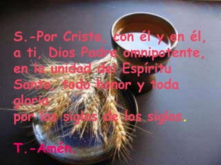 S.-Por Cristo, con él y en él,
a ti, Dios Padre omnipotente,
en la unidad del Espíritu
Santo, todo honor y toda
gloria
por los siglos de los siglos.
T.-Amén.
 