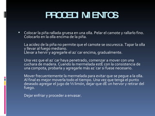 PROCEDIMIENTOS Colocar la piña rallada gruesa en una olla. Pelar el camote y rallarlo fino. Colocarlo en la olla encima de la piña. La acidez de la piña no permite que el camote se oscurezca. Tapar la olla y llevar al fuego mediano. Llevar a hervir y agregarle el azúcar encima, gradualmente. Una vez que el azúcar haya penetrado, comenzar a mover con una cuchara de madera. Cuando la mermelada esté con la consistencia de una compota, probarla y agregarle más azúcar si fuese necesario. Mover frecuentemente la mermelada para evitar que se pegue a la olla. Al final es mejor moverla todo el tiempo. Una vez que tenga el punto deseado agregar el jugo de ½ limón, dejar que dé un hervor y retirar del fuego. Dejar enfriar y proceder a envasar.