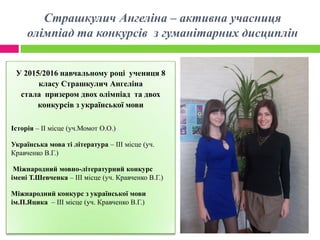 Страшкулич Ангеліна – активна учасниця
олімпіад та конкурсів з гуманітарних дисциплін
У 2015/2016 навчальному році учениця 8
класу Страшкулич Ангеліна
стала призером двох олімпіад та двох
конкурсів з української мови
Історія – ІІ місце (уч.Момот О.О.)
Українська мова ті література – ІІІ місце (уч.
Кравченко В.Г.)
Міжнародний мовно-літературний конкурс
імені Т.Шевченка – ІІІ місце (уч. Кравченко В.Г.)
Міжнародний конкурс з української мови
ім.П.Яцика – ІІІ місце (уч. Кравченко В.Г.)
 