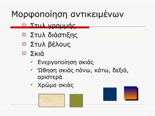 Μορφοποίηση αντικειμένων Στυλ γραμμής Στυλ διάστιξης Στυλ βέλους Σκιά Ενεργοποίηση σκιάς  Ώθηση σκιάς πάνω, κάτω, δεξιά, αριστερά Χρώμα σκιάς 