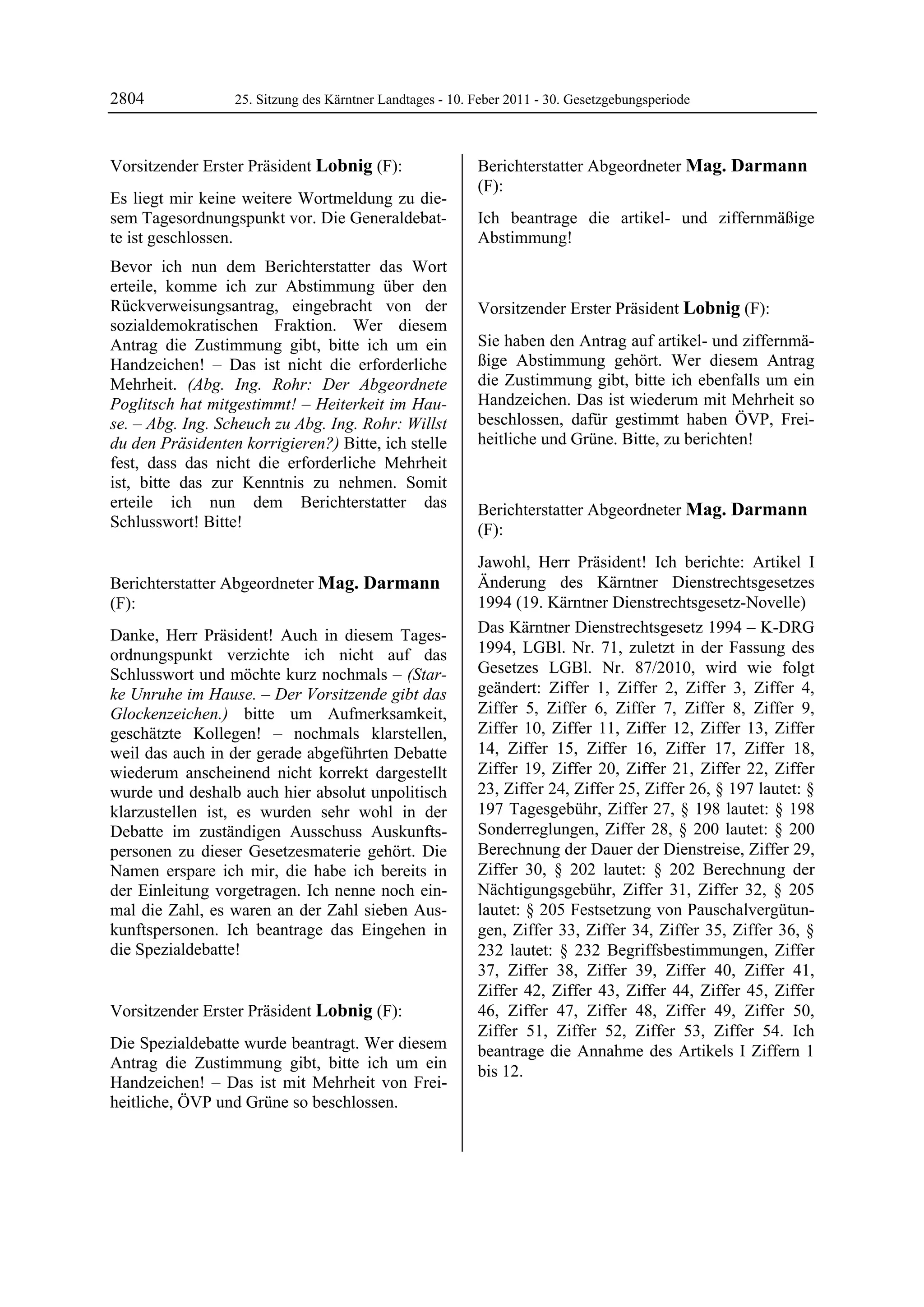 2804              25. Sitzung des Kärntner Landtages - 10. Feber 2011 - 30. Gesetzgebungsperiode



Vorsitzender Erster Präsident Lobnig (F):                  Berichterstatter Abgeordneter Mag. Darmann
Lobnig
                                                           (F):
Es liegt mir keine weitere Wortmeldung zu die-             Mag. Darmann

sem Tagesordnungspunkt vor. Die Generaldebat-              Ich beantrage die artikel- und ziffernmäßige
te ist geschlossen.                                        Abstimmung!
                                                           Mag. Darmann


Bevor ich nun dem Berichterstatter das Wort
erteile, komme ich zur Abstimmung über den
Rückverweisungsantrag, eingebracht von der                 Vorsitzender Erster Präsident Lobnig (F):
sozialdemokratischen Fraktion. Wer diesem                  Lobnig


Antrag die Zustimmung gibt, bitte ich um ein               Sie haben den Antrag auf artikel- und ziffernmä-
Handzeichen! – Das ist nicht die erforderliche             ßige Abstimmung gehört. Wer diesem Antrag
Mehrheit. (Abg. Ing. Rohr: Der Abgeordnete                 die Zustimmung gibt, bitte ich ebenfalls um ein
Poglitsch hat mitgestimmt! – Heiterkeit im Hau-            Handzeichen. Das ist wiederum mit Mehrheit so
se. – Abg. Ing. Scheuch zu Abg. Ing. Rohr: Willst          beschlossen, dafür gestimmt haben ÖVP, Frei-
du den Präsidenten korrigieren?) Bitte, ich stelle         heitliche und Grüne. Bitte, zu berichten!
                                                           Lobnig


fest, dass das nicht die erforderliche Mehrheit
ist, bitte das zur Kenntnis zu nehmen. Somit
erteile ich nun dem Berichterstatter das                   Berichterstatter Abgeordneter Mag. Darmann
Schlusswort! Bitte!
Lobnig                                                     (F):
                                                           Mag. Darmann

                                                           Jawohl, Herr Präsident! Ich berichte: Artikel I
Berichterstatter Abgeordneter Mag. Darmann                 Änderung des Kärntner Dienstrechtsgesetzes
(F):                                                       1994 (19. Kärntner Dienstrechtsgesetz-Novelle)
Mag. Darmann

Danke, Herr Präsident! Auch in diesem Tages-               Das Kärntner Dienstrechtsgesetz 1994 – K-DRG
ordnungspunkt verzichte ich nicht auf das                  1994, LGBl. Nr. 71, zuletzt in der Fassung des
Schlusswort und möchte kurz nochmals – (Star-              Gesetzes LGBl. Nr. 87/2010, wird wie folgt
ke Unruhe im Hause. – Der Vorsitzende gibt das             geändert: Ziffer 1, Ziffer 2, Ziffer 3, Ziffer 4,
Glockenzeichen.) bitte um Aufmerksamkeit,                  Ziffer 5, Ziffer 6, Ziffer 7, Ziffer 8, Ziffer 9,
geschätzte Kollegen! – nochmals klarstellen,               Ziffer 10, Ziffer 11, Ziffer 12, Ziffer 13, Ziffer
weil das auch in der gerade abgeführten Debatte            14, Ziffer 15, Ziffer 16, Ziffer 17, Ziffer 18,
wiederum anscheinend nicht korrekt dargestellt             Ziffer 19, Ziffer 20, Ziffer 21, Ziffer 22, Ziffer
wurde und deshalb auch hier absolut unpolitisch            23, Ziffer 24, Ziffer 25, Ziffer 26, § 197 lautet: §
klarzustellen ist, es wurden sehr wohl in der              197 Tagesgebühr, Ziffer 27, § 198 lautet: § 198
Debatte im zuständigen Ausschuss Auskunfts-                Sonderreglungen, Ziffer 28, § 200 lautet: § 200
personen zu dieser Gesetzesmaterie gehört. Die             Berechnung der Dauer der Dienstreise, Ziffer 29,
Namen erspare ich mir, die habe ich bereits in             Ziffer 30, § 202 lautet: § 202 Berechnung der
der Einleitung vorgetragen. Ich nenne noch ein-            Nächtigungsgebühr, Ziffer 31, Ziffer 32, § 205
mal die Zahl, es waren an der Zahl sieben Aus-             lautet: § 205 Festsetzung von Pauschalvergütun-
kunftspersonen. Ich beantrage das Eingehen in              gen, Ziffer 33, Ziffer 34, Ziffer 35, Ziffer 36, §
die Spezialdebatte!
Mag. Darmann
                                                           232 lautet: § 232 Begriffsbestimmungen, Ziffer
                                                           37, Ziffer 38, Ziffer 39, Ziffer 40, Ziffer 41,
                                                           Ziffer 42, Ziffer 43, Ziffer 44, Ziffer 45, Ziffer
Vorsitzender Erster Präsident Lobnig (F):                  46, Ziffer 47, Ziffer 48, Ziffer 49, Ziffer 50,
Lobnig
                                                           Ziffer 51, Ziffer 52, Ziffer 53, Ziffer 54. Ich
Die Spezialdebatte wurde beantragt. Wer diesem             beantrage die Annahme des Artikels I Ziffern 1
Antrag die Zustimmung gibt, bitte ich um ein               bis 12.
Handzeichen! – Das ist mit Mehrheit von Frei-              Mag. Darmann



heitliche, ÖVP und Grüne so beschlossen.
Lobnig
 