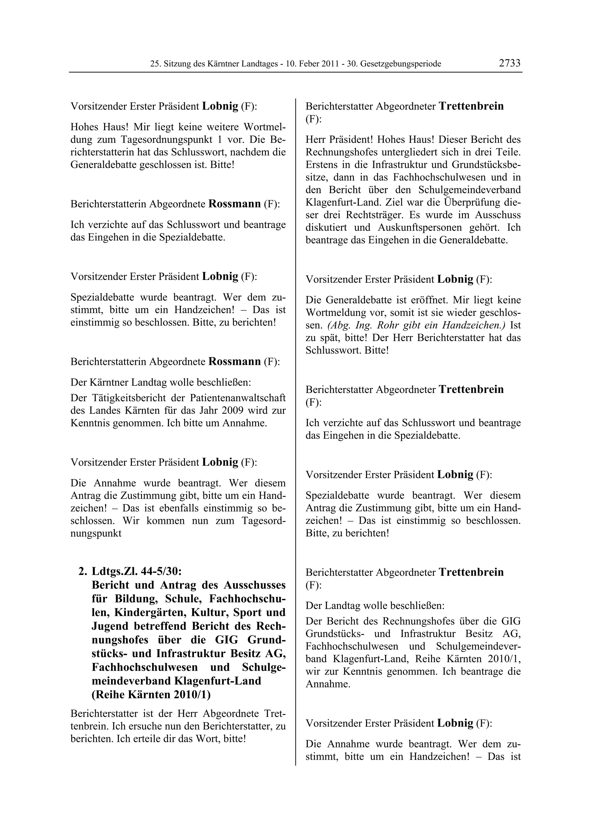 25. Sitzung des Kärntner Landtages - 10. Feber 2011 - 30. Gesetzgebungsperiode       2733


Vorsitzender Erster Präsident Lobnig (F):                  Berichterstatter Abgeordneter Trettenbrein
Lobnig
                                                           (F):
Hohes Haus! Mir liegt keine weitere Wortmel-               Trettenbrein

dung zum Tagesordnungspunkt 1 vor. Die Be-                 Herr Präsident! Hohes Haus! Dieser Bericht des
richterstatterin hat das Schlusswort, nachdem die          Rechnungshofes untergliedert sich in drei Teile.
Generaldebatte geschlossen ist. Bitte!
Lobnig
                                                           Erstens in die Infrastruktur und Grundstücksbe-
                                                           sitze, dann in das Fachhochschulwesen und in
                                                           den Bericht über den Schulgemeindeverband
Berichterstatterin Abgeordnete Rossmann (F):               Klagenfurt-Land. Ziel war die Überprüfung die-
Rossmann                                                   ser drei Rechtsträger. Es wurde im Ausschuss
Ich verzichte auf das Schlusswort und beantrage            diskutiert und Auskunftspersonen gehört. Ich
das Eingehen in die Spezialdebatte.
Rossmann                                                   beantrage das Eingehen in die Generaldebatte.
                                                           Trettenbrein




Vorsitzender Erster Präsident Lobnig (F):                  Vorsitzender Erster Präsident Lobnig (F):
Lobnig
                                                           Lobnig
Spezialdebatte wurde beantragt. Wer dem zu-                Die Generaldebatte ist eröffnet. Mir liegt keine
stimmt, bitte um ein Handzeichen! – Das ist                Wortmeldung vor, somit ist sie wieder geschlos-
einstimmig so beschlossen. Bitte, zu berichten!
Lobnig                                                     sen. (Abg. Ing. Rohr gibt ein Handzeichen.) Ist
                                                           zu spät, bitte! Der Herr Berichterstatter hat das
                                                           Schlusswort. Bitte!
                                                           Lobnig

Berichterstatterin Abgeordnete Rossmann (F):
Rossmann

Der Kärntner Landtag wolle beschließen:
                                                           Berichterstatter Abgeordneter Trettenbrein
Der Tätigkeitsbericht der Patientenanwaltschaft            (F):
des Landes Kärnten für das Jahr 2009 wird zur              Trettenbrein

Kenntnis genommen. Ich bitte um Annahme.
Rossmann
                                                           Ich verzichte auf das Schlusswort und beantrage
                                                           das Eingehen in die Spezialdebatte.
                                                           Trettenbrein




Vorsitzender Erster Präsident Lobnig (F):
Lobnig
                                                           Vorsitzender Erster Präsident Lobnig (F):
Die Annahme wurde beantragt. Wer diesem                    Lobnig

Antrag die Zustimmung gibt, bitte um ein Hand-             Spezialdebatte wurde beantragt. Wer diesem
zeichen! – Das ist ebenfalls einstimmig so be-             Antrag die Zustimmung gibt, bitte um ein Hand-
schlossen. Wir kommen nun zum Tagesord-                    zeichen! – Das ist einstimmig so beschlossen.
nungspunkt                                                 Bitte, zu berichten!
                                                           Lobnig




    2. Ldtgs.Zl. 44-5/30:                                  Berichterstatter Abgeordneter Trettenbrein
       Bericht und Antrag des Ausschusses                  (F):
       für Bildung, Schule, Fachhochschu-                  Trettenbrein

                                                           Der Landtag wolle beschließen:
       len, Kindergärten, Kultur, Sport und
       Jugend betreffend Bericht des Rech-                 Der Bericht des Rechnungshofes über die GIG
                                                           Grundstücks- und Infrastruktur Besitz AG,
       nungshofes über die GIG Grund-
                                                           Fachhochschulwesen und Schulgemeindever-
       stücks- und Infrastruktur Besitz AG,                band Klagenfurt-Land, Reihe Kärnten 2010/1,
       Fachhochschulwesen und Schulge-                     wir zur Kenntnis genommen. Ich beantrage die
       meindeverband Klagenfurt-Land                       Annahme.
                                                           Trettenbrein
       (Reihe Kärnten 2010/1)
Berichterstatter ist der Herr Abgeordnete Tret-
tenbrein. Ich ersuche nun den Berichterstatter, zu         Vorsitzender Erster Präsident Lobnig (F):
                                                           Lobnig
berichten. Ich erteile dir das Wort, bitte!
Lobnig                                                     Die Annahme wurde beantragt. Wer dem zu-
                                                           stimmt, bitte um ein Handzeichen! – Das ist
 
