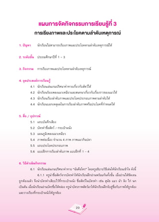 แผนการจัดกิจกรรมการเรียนรู้ที่
3
             การเรียงภาพและประโยคตามลำดับเหตุการณ์

1.
ปัญหา
 นักเรียนไม่สามารถเรียงภาพและประโยคตามลำดับเหตุการณ์ได้

2.
ระดับชั้น
 ประถมศึกษาปีที่
1
-
3

3.
กิจกรรม
 การเรียงภาพและประโยคตามลำดับเหตุการณ์


4.
จุดประสงค์การเรียนรู้

         4.1
 นักเรียนเล่นเกมปริศนาคำทายเกี่ยวกับสัตว์ได้

         4.2
 นักเรียนร้องเพลงแมวเหมียวและสนทนาเกี่ยวกับเรื่องราวของแมวได้

         4.3
 นักเรียนเรียงลำดับภาพและประโยคประกอบภาพตามลำดับได้

         4.4
 นักเรียนบอกเหตุผลในการเรียงลำดับภาพหรือประโยคที่กำหนดได้

5.
สื่อ
/
อุปกรณ์

         5.1
 แถบบันทึกเสียง

         5.2
 บัตรคำชื่อสัตว์
/
กระเป๋าผนัง

         5.3
 แผนภูมิเพลงแมวเหมียว

         5.4
 ภาพต่อเนื่อง
จำนวน
4
ภาพ
ภาพแมวกินปลา

         5.5
 แถบประโยคประกอบภาพ

         5.6
 แบบฝึกการเรียงลำดับภาพ
แบบฝึกที่
1
–
4

6.
วิธีดำเนินกิจกรรม

         6.1
 นักเรียนเล่นเกมปริศนาคำทาย
“ฉันคือใคร”
โดยครูอธิบายวิธีเล่นให้นักเรียนเข้าใจ
ดังนี้

         
 6.1.1
 ครูนำชื่อสัตว์จากบัตรคำให้นักเรียนฝึกอ่านพร้อมกันทั้งชั้น
 เมื่ออ่านได้ชัดเจน
ถูกต้องแล้ว
 จึงนำบัตรคำเสียบไว้ที่กระเป๋าผนัง
 ชื่อสัตว์ในบัตรคำ
 เช่น
 สุนัข
 แมว
 ม้า
 ลิง
 ไก่
 นก
เป็นต้น
เมื่อนักเรียนอ่านบัตรชื่อได้คล่อง
ครูนำบัตรภาพสัตว์มาให้นักเรียนฝึกจับคู่ชื่อกับภาพให้ถูกต้อง
และวางเรียงที่กระเป๋าผนังให้ถูกต้อง


                                                 20
 
