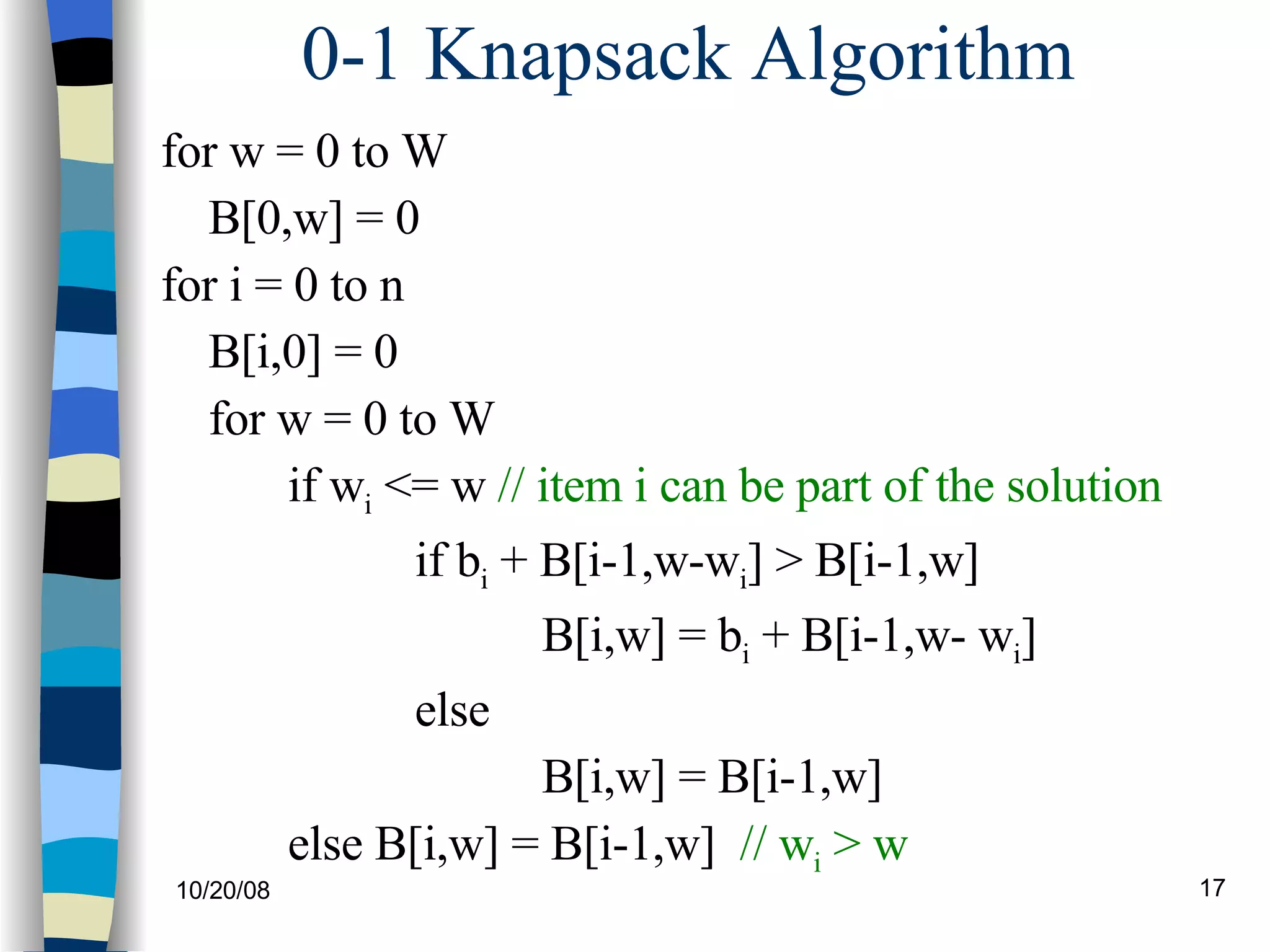 0-1 Knapsack Algorithm for w = 0 to W B[0,w] = 0 for i = 0 to n B[i,0] = 0 for w = 0 to W if w i  <= w  // item i can be part of the solution if b i  + B[i-1,w-w i ] > B[i-1,w] B[i,w] = b i  + B[i-1,w- w i ] else B[i,w] = B[i-1,w] else B[i,w] = B[i-1,w]  // w i  > w  