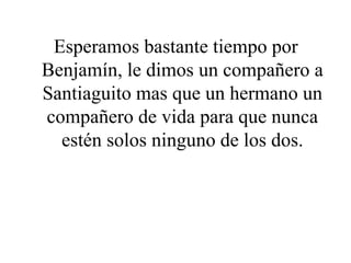 Esperamos bastante tiempo por
Benjamín, le dimos un compañero a
Santiaguito mas que un hermano un
compañero de vida para que nunca
estén solos ninguno de los dos.
 
