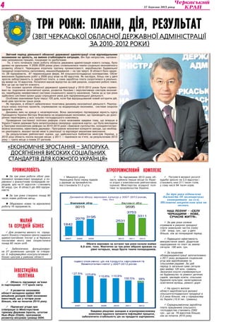 Культура 27 березня 2013 року4
Три роки: плани, дія, результат
(Звіт Черкаської обласної державної адміністрації
за 2010-2012 роки)
Звітний період діяльності обласної державної адміністрації став відповідальним
екзаменом на зрілість, на вміння стабілізувати ситуацію. Він був непростим, наповне-
ним напруженою працею, пошуками та здобутками.
Те, з чого починала свою роботу обласна державна адміністрація нового складу, було
далеко не ідеальним. У 2008-2009 роках різко сповільнилися темпи соціально-економічного
розвитку області. Черкащина втратила третину промисловості, виробництво будівельної
продукції скоротилось наполовину, машинобудування — на три чверті. В області було закри-
то: 28 підприємств, 87 тваринницьких ферм, 44 сільськогосподарські кооперативи. Обсяг
виконаних будівельних робіт у 2009 році впав на 60 відсотків. Як наслідок, більш ніж у двічі
зросла заборгованість із заробітної плати, а сама заробітна плата скоротилася в реально-
му вимірі на 10 відсотків. Почалися масові відпустки за свій рахунок, скорочені робочі тижні.
Все це ще на пам’яті кожного.
Тож основні зусилля обласної державної адміністрації у 2010-2012 роках були спрямо-
вані на: подолання економічної кризи, розвиток базових і перспективних секторів економі-
ки, перебудову неефективної системи соціального захисту населення. Також за ці три роки
здійснено системні кроки щодо спрощення умов для підприємницької діяльності.
Особливо важливими були перші 100 днів, коли був відпрацьований новий алгоритм дій,
який діяв протягом трьох років.
Як підсумок, в області забезпечено позитивну динаміку економічної діяльності. Реалізу-
ється низка пілотних проектів, спрямованих на модернізацію економіки, системи охорони
здоров’я, освіти.
Динаміка змін на краще є незаперечною. Вона закономірно підтверджує вірність курсу
Президента України Віктора Януковича на модернізацію економіки, що призводить до доко-
рінних перетворень у всіх галузях господарського комплексу.
Проведення системної політики реформ стало можливим завдяки тому, що вперше в
Україні Главою держави була запропонована своєрідна «дорожня карта», що була викладена
у Програмі економічних реформ на 2010-2014 роки «Заможне суспільство, конкурентоспро-
можна економіка, ефективна держава». Програмою визначені конкретні заходи, що необхід-
но реалізувати, вказані часові межі їх реалізації та відповідні механізми виконання.
За результатами рейтингової оцінки, що здійснюється Кабінетом міністрів України, у
2010 році область посіла восьме місце; у 2011 — піднялася на п’яте, за результатами 2012
року — третє місце з-поміж 27 регіонів.
«Економічне зростання – запорука
досягнення високих соціальних
стандартів для кожного українця»
ПРОМИСЛОВІСТЬ
 За три роки роботи обсяг реа-
лізованої промислової продукції, у по-
рівнянні з аналогічним попереднім пе-
ріодом, зріс на 61 відсоток і становить
82 млрд. грн. В області діє 900 підпри-
ємств.
 За три роки створено понад 80
тисяч нових робочих місць.
 Збудовано нових та відновлено
роботу 16 підприємств.
МАЛИЙ
ТА СЕРЕДНІЙ БІЗНЕС
 Для розвитку малого та серед-
нього бізнесу створено Центр надання
адміністративних послуг у м.Черкаси,
послугами якого вже скористалися
понад 60 тисяч осіб.
 Забезпечено функціонуван-
ня 27 дозвільних центрів та створе-
но 9 інформаційно-консультативних і
бізнес-центрів у районах області.
АГРОПРОМИСЛОВИЙ КОМПЛЕКС
ІНВЕСТИЦІЙНА
ПОЛІТИКА
 Область підтримує зв’язки
із партнерами 117 країн світу.
 У розвиток економіки
області вкладено майже 900
мільйонів доларів США іноземних
інвестицій, що у чотири рази
більше, ніж на початок 2010 року.
 Підписані угоди про
співпрацю із Міністерством
туризму Держави Ізраїль, штатом
Нью-Йорк (США), програмою
розвитку місцевих громад ООН.
 Минулого року
Черкащина була серед лідерів
у державі за врожайністю,
яка становила 51,3 ц/га.
 За підсумками 2012 року об-
ласть зайняла перше місце по Украї-
ні згідно з комплексною рейтинговою
оцінкою Міністерства аграрної полі-
тики та продовольства України.
 Поголів’я великої рогатої
худоби зросло на 3,5 відсотка і
становить нині 211 тисяч голів,
у тому числі 94 тисяч корів.
Обсяги зернових за останні три роки склали майже
9,6 млн. тонн. Фактично за три роки зібрано врожаю на
рівні чотирьох, якщо брати темпи попередників.
Завдяки рішучим заходам в агропромисловому
комплексі вдалося зупинити інфляційні процеси,
забезпечити стабільність цін на продукти харчування.
За три роки відновлена
діяльність 28 молочарських
кооперативів на селі.
Збільшена закупівельна ціна на
молоко.
Наш лозунг – «Селу
Черкащини – нове,
сучасне життя».
 За два роки селяни
отримали в рахунок орендної
плати земельних часток (паїв)
1,64 млрд. грн., що у двічі
більше, ніж за попередній період.
 Підвищено ефективність
використання землі. Додаткові
надходження по платі за землю
сягнули 190 млн. грн.
 За ініціативи
облдержадміністрації започатковано
з 2011 року укладання соціальних
угод між виробниками та
сільськими радами. За цей
період їх загальна сума сягнула
вже майже 120 млн. гривень.
Зазначені кошти спрямовуються
на будівництво та ремонт дитячих
садків, закладів освіти, сільських
будинків культури, налагодження
освітлення вулиць, ремонт доріг.
 На одного жителя
області виробляється валової
сільськогосподарської продукції в
2,2 раза більше, ніж у середньому
по Україні (10,9 тис. гривень).
 Середньомісячна заробітна
плата працівників сільського
господарства становить 2383
грн., що на 78 відсотків більше,
ніж на початок 2010 року.
 