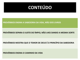 CONTEÚDO
PROVÉRBIOS ENSINA A SABEDORIA DA VIDA, NÃO DOS LIVROS
PROVÉRBIOS SEPARA O JUSTO DO ÍMPIO, NÃO LHES DANDO A MESMA SORTE
PROVÉRBIOS MOSTRA QUE O TEMOR DE DEUS É O PRINCÍPIO DA SABEDORIA
PROVÉRBIOS ENSINA O CAMINHO DA VIDA
 