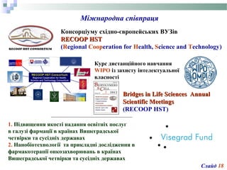 Міжнародна співпраця
Консорціуму східно-європейських ВУЗів
RECOOPRECOOP HSTHST
(Regional Cooperation for Health, Science and Technology)
Курс дистанційного навчання
WIPO із захисту інтелектуальної
власності
Bridges in Life SciencesBridges in Life Sciences AnnualAnnual
Scientific MeetingScientific Meetingss
(RECOOP HST)
Слайд 18
1. Підвищення якості надання освітніх послуг
в галузі фармації в країнах Вишеградської
четвірки та сусідніх державах
2. Нанобіотехнології та прикладні дослідження в
фармакотерапії онкозахворювань в країнах
Вишеградської четвірки та сусідніх державах
 
