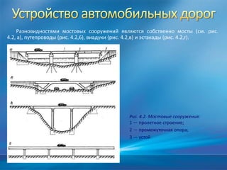 Разновидностями мостовых сооружений являются собственно мосты (см. рис.
4.2, а), путепроводы (рис. 4.2,6), виадуки (рис. 4.2,в) и эстакады (рис. 4.2,г).

Рис. 4.2. Мостовые сооружения:
1 — пролетное строение;
2 — промежуточная опора;
3 — устой

 