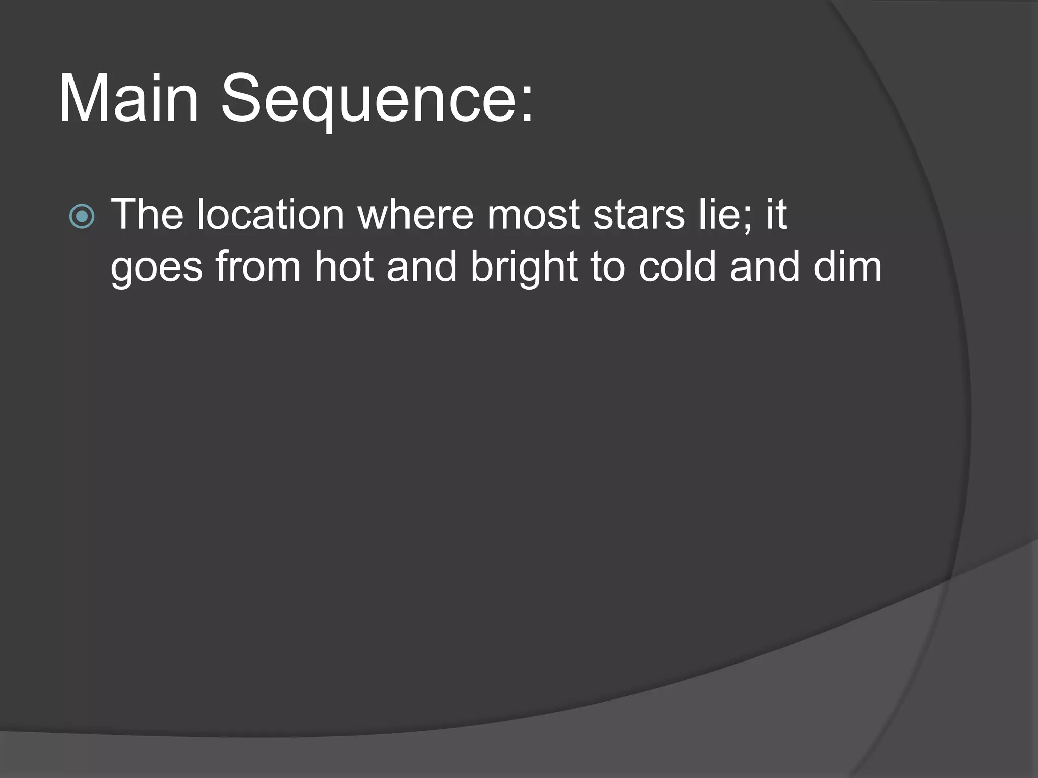 Main Sequence:
 The location where most stars lie; it
goes from hot and bright to cold and dim
 