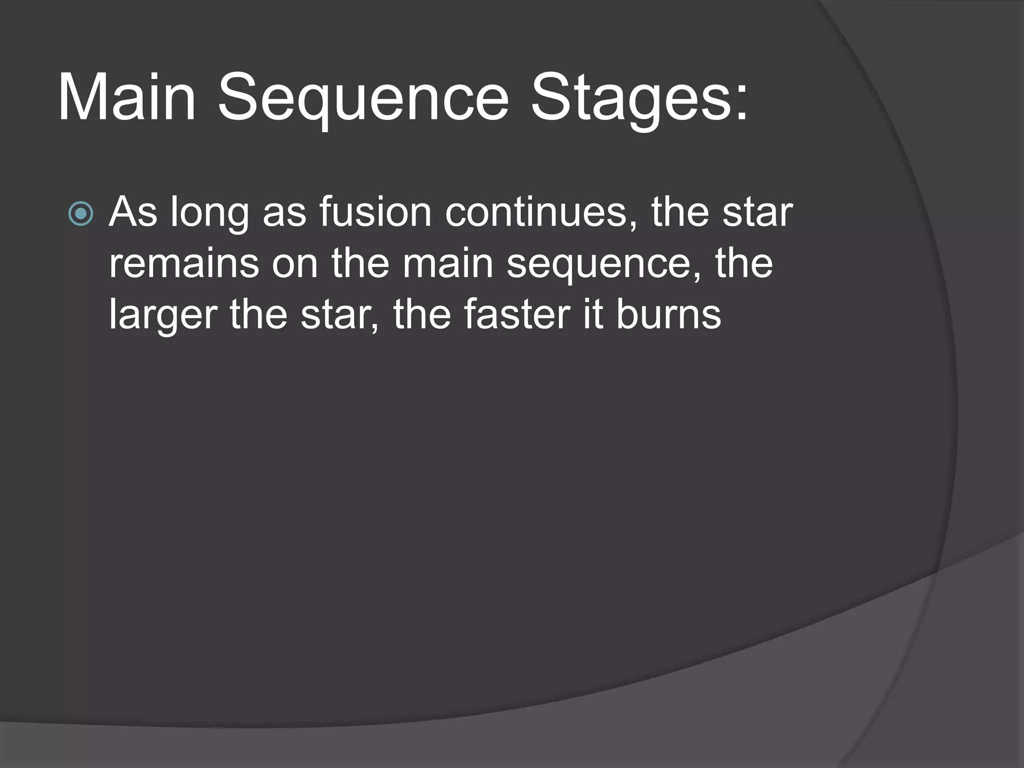 Main Sequence Stages:
 As long as fusion continues, the star
remains on the main sequence, the
larger the star, the faster it burns
 