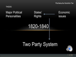 1 of 20 
Major Political 
Personalities 
States’ 
Rights 
Economic 
issues 
1820-1840 
Two Party System 
THESIS: 
Pechakucha Kendrick Tan 
 