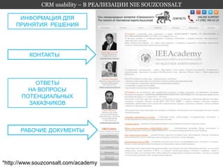 CRM usability – В РЕАЛИЗАЦИИ NIE SOUZCONSALT 
ИНФОРМАЦИЯ ДЛЯ 
ПРИНЯТИЯ РЕШЕНИЯ 
КОНТАКТЫ 
ОТВЕТЫ 
НА ВОПРОСЫ 
ПОТЕНЦИАЛЬНЫХ 
ЗАКАЗЧИКОВ 
РАБОЧИЕ ДОКУМЕНТЫ 
*http://www.souzconsalt.com/academy 
 