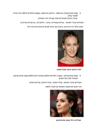 ‫פנים‬ ‫מבנה‬‫מאורך‬‫או‬‫מלבני‬‫המצח‬ ‫של‬ ‫הרוחב‬ :,‫נטייה‬ ‫זהה‬ ‫והלסת‬ ‫הלחיים‬ ‫עצמות‬
‫בולט‬ ‫לסנטר‬.
‫ועגולות‬ ‫יותר‬ ‫קצרות‬ ‫להראות‬ ‫לפנים‬ ‫לגרום‬ ‫מטרה‬.
:‫יחמיאו‬ ‫שהכי‬ ‫העגילים‬‫יהלום‬ , ‫פנינה‬ :‫צמודים‬ ‫עגילים‬‫וכו‬',‫ארוכים‬ ‫עגילים‬ ‫או‬.
‫שלא‬ ‫חשוב‬‫י‬‫ארוכים‬ ‫היו‬,‫יגר‬ ‫הם‬ ‫ודקים‬‫יותר‬ ‫ארוכות‬ ‫להראות‬ ‫לפנים‬ ‫מו‬.
:‫מרובע‬ ‫פנים‬ ‫מבנה‬‫מרובע‬ ‫טיפה‬ ‫מבנה‬ ‫וללסת‬ ‫רוחב‬ ‫באותו‬ ‫והלסת‬ ‫הלחיים‬ ,‫המצח‬
‫הפנים‬ ‫את‬ ‫לעדן‬ ‫המטרה‬
‫שה‬ ‫העגילים‬‫נתלים‬ ‫עגילים‬ ,‫חישוק‬ ‫עגילי‬ , ‫טיפות‬ ‫עגילי‬ :‫יחמיאו‬ ‫כי‬
‫הלסת‬ ‫לאזור‬ ‫לב‬ ‫תשומת‬ ‫למשוך‬ ‫לא‬ ‫חשוב‬ ‫הכי‬
‫מאורך‬ ‫מבנה‬ ‫פרקר‬ ‫ג'סיקה‬ ‫שרה‬
‫מרובע‬ ‫פנים‬ ‫מבנה‬ ‫ג'ולי‬ ‫אנג'לינה‬
 