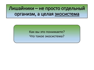 Лишайники – не просто отдельный
организм, а целая экосистема
Как вы это понимаете?
Что такое экосистема?
 