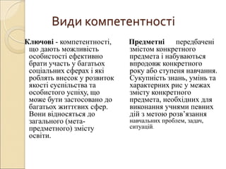 Види компетентності
Ключові - компетентності,
що дають можливість
особистості ефективно
брати участь у багатьох
соціальних сферах і які
роблять внесок у розвиток
якості суспільства та
особистого успіху, що
може бути застосовано до
багатьох життєвих сфер.
Вони відносяться до
загального (мета-
предметного) змісту
освіти.
Предметні передбачені
змістом конкретного
предмета і набуваються
впродовж конкретного
року або ступеня навчання.
Сукупність знань, умінь та
характерних рис у межах
змісту конкретного
предмета, необхідних для
виконання учнями певних
дій з метою розв’язання
навчальних проблем, задач,
ситуацій.
 