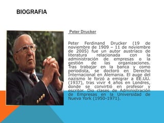 BIOGRAFIA
Peter Drucker
Peter Ferdinand Drucker (19 de
noviembre de 1909 – 11 de noviembre
de 2005) fue un autor austríaco de
literatura relacionada con la
administración de empresas o la
gestión de las organizaciones.
Tras trabajar en la banca y como
periodista, se doctoró en Derecho
Internacional en Alemania. El auge del
nazismo le forzó a emigrar a EE.UU.
(1937), tras vivir 4 años en Londres,
donde se convirtió en profesor y
escritor. Dio clases de Administración
de Empresas en la Universidad de
Nueva York (1950-1971).
 