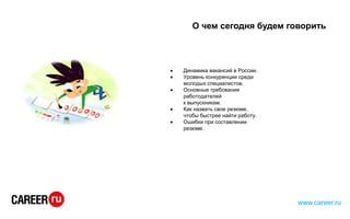  Динамика вакансий в России.
 Уровень конкуренции среди
молодых специалистов.
 Основные требования
работодателей
к выпускникам.
 Как назвать свое резюме,
чтобы быстрее найти работу.
 Ошибки при составлении
резюме.
О чем сегодня будем говорить
www.career.ru
 
