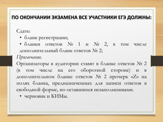 Сдать:
• бланк регистрации;
• бланки ответов № 1 и № 2, в том числе
дополнительный бланк ответов № 2;
Примечание.
Организаторы в аудитории ставят в бланке ответов № 2
(в том числе на его оборотной стороне) и в
дополнительном бланке ответов № 2 прочерк «Z» на
полях бланка, предназначенных для записи ответов в
свободной форме, но оставшихся незаполненными.
• черновик и КИМы.
ПО ОКОНЧАНИИ ЭКЗАМЕНА ВСЕ УЧАСТНИКИ ЕГЭ ДОЛЖНЫ:
 