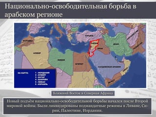 Новый подъём национально-освободительной борьбы начался после Второй
мировой войны. Были ликвидированы подмандатные режимы в Ливане, Си-
рии, Палестине, Иордании.
Национально-освободительная борьба в
арабском регионе
Ближний Восток и Северная Африка
 