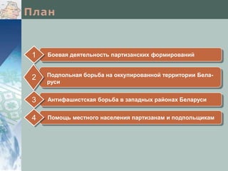 Подпольная борьба на оккупированной территории Бела-
руси
2
Боевая деятельность партизанских формирований1
Антифашистская борьба в западных районах Беларуси3
Помощь местного населения партизанам и подпольщикам4
 