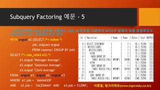 Subquery Factoring 예문 - 5
-- WITH구문에 Inline 힌트를 사용하고 USE_NL힌트를 사용하여 WITH구 블록의 뷰를 중첩루프조
인하도록 4.9초, 중첩루프조인 한다.
WITH avgsal AS (SELECT /*+ Inline */
job, avg(sal) avgsal
FROM myemp1 GROUP BY job)
SELECT /*+ use_nl(e2 e3) */
e1.avgsal "Manager Average",
e2.avgsal "Salesman Average",
e3.avgsal "Clerk Average"
FROM avgsal e1, avgsal e2, avgsal e3
WHERE e1.job = 'MANAGER'
AND e2.job = 'SALESMAN‘ AND e3.job = 'CLERK'; 이종철, 탑크리에듀(www.topcredu.co.kr)
 