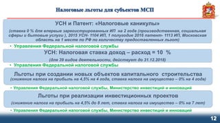 12
УСН и Патент: «Налоговые каникулы»
(ставка 0 % для впервые зарегистрированных ИП на 2 года (производственная, социальная
сферы и бытовые услуги ), 2015 УСН- 1104 ИП, 1 полугодие 2016 патент- 1113 ИП, Московская
область на 1 месте по РФ по количеству предоставленных льгот)
• Управления Федеральной налоговой службы
УСН: Налоговая ставка доход – расход = 10 %
(для 39 видов деятельности, действует до 31.12.2018)
• Управления Федеральной налоговой службы
Льготы при создании новых объектов капитального строительства
(снижение налога на прибыль на 4,5% на 4 года, ставка налога на имущество – 0% на 4 года)
• Управления Федеральной налоговой службы, Министерство инвестиций и инноваций
Льготы при реализации инвестиционных проектов
(снижение налога на прибыль на 4,5% до 8 лет, ставка налога на имущество – 0% на 7 лет)
• Управления Федеральной налоговой службы, Министерство инвестиций и инноваций
 
