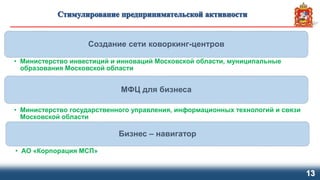 13
Создание сети коворкинг-центров
• Министерство инвестиций и инноваций Московской области, муниципальные
образования Московской области
МФЦ для бизнеса
• Министерство государственного управления, информационных технологий и связи
Московской области
Бизнес – навигатор
• АО «Корпорация МСП»
 