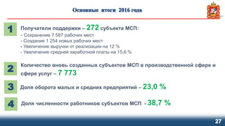 27
1 Получатели поддержки – 272 субъекта МСП:
- Сохранение 7 587 рабочих мест
- Создание 1 254 новых рабочих мест
- Увеличение выручки от реализации на 12 %
- Увеличение средней заработной платы на 15,6 %
2
Количество вновь созданных субъектов МСП в производственной сфере и
сфере услуг – 7 773
3 Доля оборота малых и средних предприятий – 23,0 %
4 Доля численности работников субъектов МСП - 38,7 %
 
