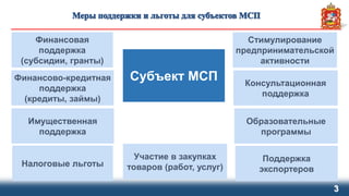 3
Финансовая
поддержка
(субсидии, гранты)
Субъект МСПФинансово-кредитная
поддержка
(кредиты, займы)
Имущественная
поддержка
Налоговые льготы
Стимулирование
предпринимательской
активности
Консультационная
поддержка
Образовательные
программы
Поддержка
экспортеров
Участие в закупках
товаров (работ, услуг)
 