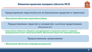 7
Представление поручительств по банковским кредитам и гарантиям
• Московский областной гарантийный фонд
Предоставление гарантий и согарантий, льготное кредитование
(Программа 6,5)
• Акционерное общество «Федеральная корпорация по развитию малого и среднего
предпринимательства» (Корпорация МСП), Московский областной гарантийный фонд
Предоставление микрозаймов
• Московский областной микрофинансирования
 