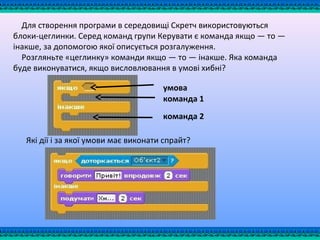 Для створення програми в середовищі Скретч використовуються
блоки-цеглинки. Серед команд групи Керувати є команда якщо — то —
інакше, за допомогою якої описується розгалуження.
Розгляньте «цеглинку» команди якщо — то — інакше. Яка команда
буде виконуватися, якщо висловлювання в умові хибні?
Які дії і за якої умови має виконати спрайт?
умова
команда 1
команда 2
 