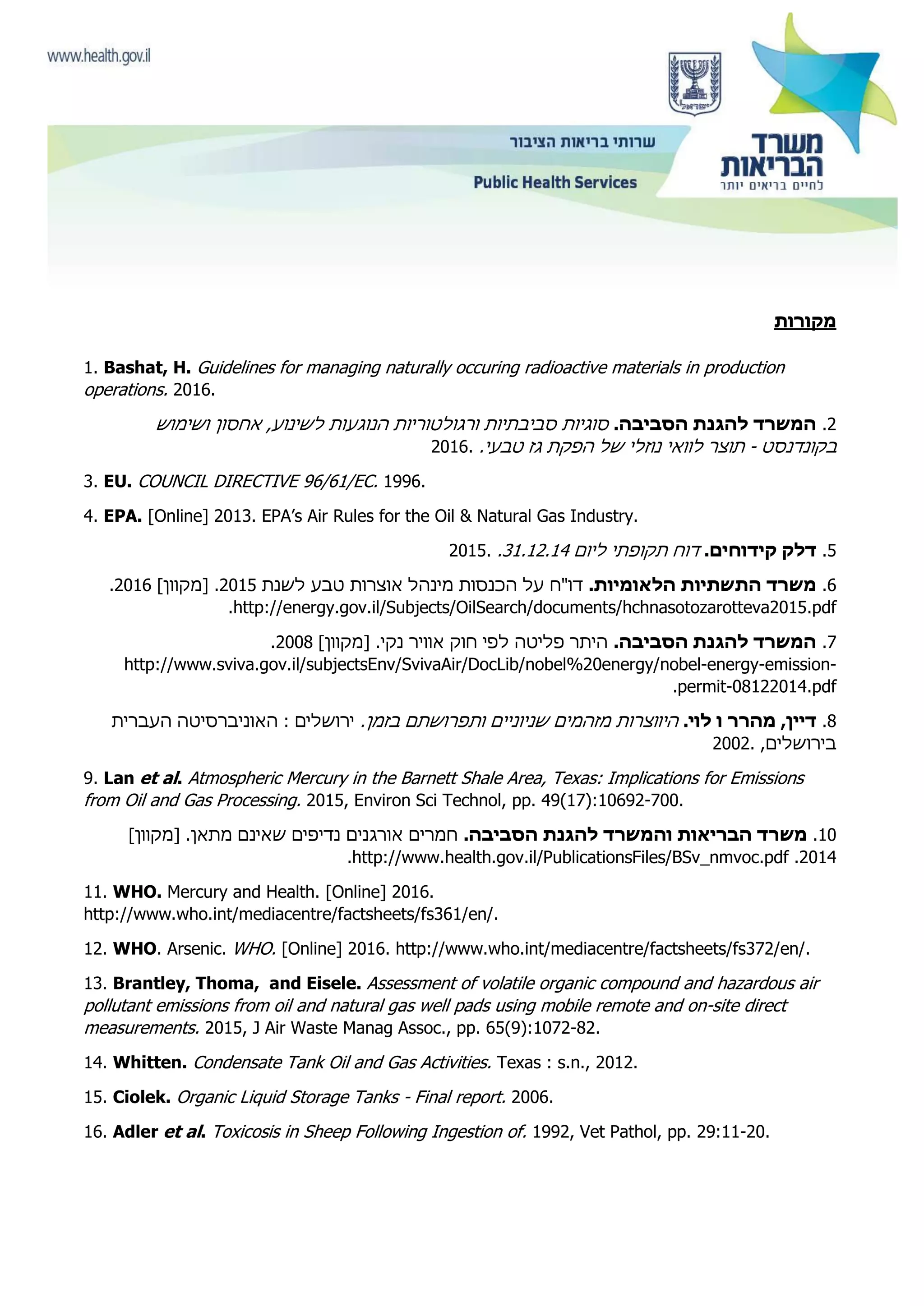 ‫מקורות‬
1. Bashat, H. Guidelines for managing naturally occuring radioactive materials in production
operations. 2016.
2..‫הסביבה‬ ‫להגנת‬ ‫המשרד‬‫הנוגעות‬ ‫ורגולטוריות‬ ‫סביבתיות‬ ‫סוגיות‬‫ושימוש‬ ‫אחסון‬ ,‫לשינוע‬
‫בקונדנסט‬-.‫טבעי‬ ‫גז‬ ‫הפקת‬ ‫של‬ ‫נוזלי‬ ‫לוואי‬ ‫תוצר‬2016.
3. EU. COUNCIL DIRECTIVE 96/61/EC. 1996.
4. EPA. [Online] 2013. EPA’s Air Rules for the Oil & Natural Gas Industry.
5..‫קידוחים‬ ‫דלק‬‫ליום‬ ‫תקופתי‬ ‫דוח‬31.12.14.2015.
6.‫הלאו‬ ‫התשתיות‬ ‫משרד‬.‫מיות‬‫לשנת‬ ‫טבע‬ ‫אוצרות‬ ‫מינהל‬ ‫הכנסות‬ ‫על‬ ‫דו"ח‬2015]‫[מקוון‬ .2016.
http://energy.gov.il/Subjects/OilSearch/documents/hchnasotozarotteva2015.pdf.
7..‫הסביבה‬ ‫להגנת‬ ‫המשרד‬]‫[מקוון‬ .‫נקי‬ ‫אוויר‬ ‫חוק‬ ‫לפי‬ ‫פליטה‬ ‫היתר‬2008.
http://www.sviva.gov.il/subjectsEnv/SvivaAir/DocLib/nobel%20energy/nobel-energy-emission-
permit-08122014.pdf.
8..‫לוי‬ ‫ו‬ ‫מהרר‬ ,‫דיין‬.‫בזמן‬ ‫ותפרושתם‬ ‫שניוניים‬ ‫מזהמים‬ ‫היווצרות‬‫ירושלים‬‫העברית‬ ‫האוניברסיטה‬ :
,‫בירושלים‬2002.
9. Lan et al. Atmospheric Mercury in the Barnett Shale Area, Texas: Implications for Emissions
from Oil and Gas Processing. 2015, Environ Sci Technol, pp. 49(17):10692-700.
10.‫ו‬ ‫הבריאות‬ ‫משרד‬‫ה‬.‫הסביבה‬ ‫להגנת‬ ‫משרד‬]‫[מקוון‬ .‫מתאן‬ ‫שאינם‬ ‫נדיפים‬ ‫אורגנים‬ ‫חמרים‬
2014.http://www.health.gov.il/PublicationsFiles/BSv_nmvoc.pdf.
11. WHO. Mercury and Health. [Online] 2016.
http://www.who.int/mediacentre/factsheets/fs361/en/.
12. WHO. Arsenic. WHO. [Online] 2016. http://www.who.int/mediacentre/factsheets/fs372/en/.
13. Brantley, Thoma, and Eisele. Assessment of volatile organic compound and hazardous air
pollutant emissions from oil and natural gas well pads using mobile remote and on-site direct
measurements. 2015, J Air Waste Manag Assoc., pp. 65(9):1072-82.
14. Whitten. Condensate Tank Oil and Gas Activities. Texas : s.n., 2012.
15. Ciolek. Organic Liquid Storage Tanks - Final report. 2006.
16. Adler et al. Toxicosis in Sheep Following Ingestion of. 1992, Vet Pathol, pp. 29:11-20.
‫‏‬
 