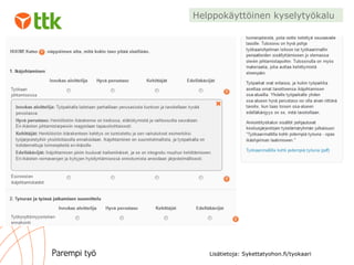 Lisätietoja: Sykettatyohon.fi/tyokaari
Helppokäyttöinen kyselytyökalu
 