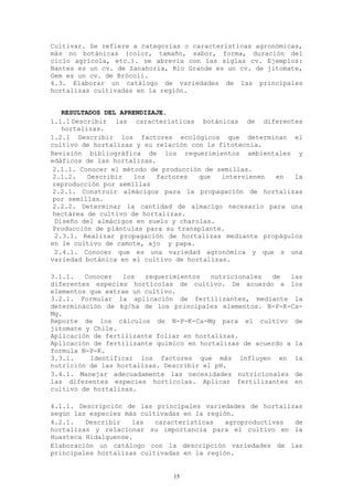 Cultivar. Se refiere a categorías o características agronómicas,
más no botánicas (color, tamaño, sabor, forma, duración del
ciclo agrícola, etc.). se abrevia con las siglas cv. Ejemplos:
Nantes es un cv. de Zanahoria, Río Grande es un cv. de jitomate,
Gem es un cv. de Brócoli.
4.3. Elaborar un catálogo de variedades de las principales
hortalizas cultivadas en la región.


   RESULTADOS DEL APRENDIZAJE.
1.1.1 Describir las características botánicas de diferentes
   hortalizas.
1.2.1 Describir los factores ecológicos que determinan el
cultivo de hortalizas y su relación con la fitotecnia.
Revisión bibliográfica de los requerimientos ambientales y
edáficos de las hortalizas.
 2.1.1. Conocer el método de producción de semillas.
 2.1.2.   Describir   los   factores  que   intervienen en  la
 reproducción por semillas
 2.2.1. Construir almácigos para la propagación de hortalizas
 por semillas.
 2.2.2. Determinar la cantidad de almacigo necesario para una
 hectárea de cultivo de hortalizas.
 Diseño del almácigos en suelo y charolas.
 Producción de plántulas para su transplante.
 2.3.1. Realizar propagación de hortalizas mediante propágulos
en le cultivo de camote, ajo y papa.
 2.4.1. Conocer que es una variedad agronómica y que s una
variedad botánica en el cultivo de hortalizas.

3.1.1.   Conocer  los   requerimientos   nutricionales  de   las
diferentes especies hortícolas de cultivo. De acuerdo a los
elementos que extrae un cultivo.
3.2.1. Formular la aplicación de fertilizantes, mediante la
determinación de kg/ha de los principales elementos. N-P-K-Ca-
Mg.
Reporte de los cálculos de N-P-K-Ca-Mg para el cultivo de
jitomate y Chile.
Aplicación de fertilizante foliar en hortalizas.
Aplicación de fertilizante químico en hortalizas de acuerdo a la
formula N-P-K.
3.3.1.    Identificar los factores que más influyen en la
nutrición de las hortalizas. Describir el pH.
3.4.1. Manejar adecuadamente las necesidades nutricionales de
las diferentes especies hortícolas. Aplicar fertilizantes en
cultivo de hortalizas.

4.1.1. Descripción de las principales variedades de hortalizas
según las especies más cultivadas en la región.
4.2.1.   Describir   las   características   agroproductivas de
hortalizas y relacionar su importancia para el cultivo en la
Huasteca Hidalguense.
Elaboración un catálogo con la descripción variedades de las
principales hortalizas cultivadas en la región.


                               15
 