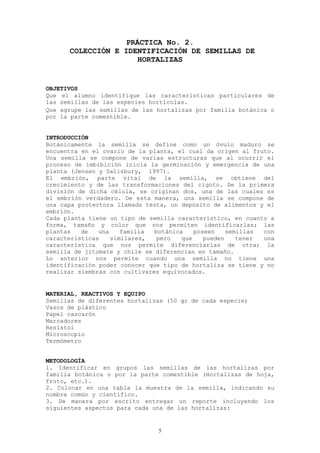 PRÁCTICA No. 2.
      COLECCIÓN E IDENTIFICACIÓN DE SEMILLAS DE
                     HORTALIZAS


OBJETIVOS
Que el alumno identifique las características particulares de
las semillas de las especies hortícolas.
Que agrupe las semillas de las hortalizas por familia botánica o
por la parte comestible.


INTRODUCCIÓN
Botánicamente la semilla se define como un óvulo maduro se
encuentra en el ovario de la planta, el cual da origen al fruto.
Una semilla se compone de varias estructuras que al ocurrir el
proceso de imbibición inicia la germinación y emergencia de una
planta (Jensen y Salisbury, 1997).
El embrión, parte vital de la semilla, se obtiene del
crecimiento y de las transformaciones del cigoto. De la primera
división de dicha célula, se originan dos, una de las cuales es
el embrión verdadero. De esta manera, una semilla se compone de
una capa protectora llamada testa, un depósito de alimentos y el
embrión.
Cada planta tiene un tipo de semilla característico, en cuanto a
forma, tamaño y color que nos permiten identificarlas; las
plantas   de   una    familia  botánica    poseen    semillas con
características    similares,  pero    que    pueden    tener una
característica que nos permite diferenciarlas de otra; la
semilla de jitomate y chile se diferencian en tamaño.
Lo anterior nos permite cuando una semilla no tiene una
identificación poder conocer que tipo de hortaliza se tiene y no
realizar siembras con cultivares equivocados.


MATERIAL, REACTIVOS Y EQUIPO
Semillas de diferentes hortalizas (50 gr de cada especie)
Vasos de plástico
Papel cascarón
Marcadores
Resistol
Microscopio
Termómetro


METODOLOGÍA
1. Identificar en grupos las semillas de las hortalizas por
familia botánica o por la parte comestible (Hortalizas de hoja,
fruto, etc.).
2. Colocar en una tabla la muestra de la semilla, indicando su
nombre común y científico.
3. De manera por escrito entregar un reporte incluyendo los
siguientes aspectos para cada una de las hortalizas:


                                5
 