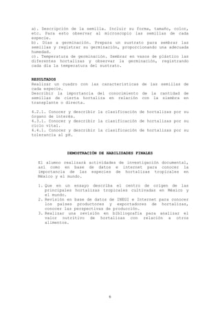 a). Descripción de la semilla. Incluir su forma, tamaño, color,
etc. Para esto observar al microscopio las semillas de cada
especie.
b). Días a germinación. Prepara un sustrato para sembrar las
semillas y registrar su germinación, proporcionando una adecuada
humedad.
c). Temperatura de germinación. Sembrar en vasos de plástico las
diferentes hortalizas y observar la germinación, registrando
cada día la temperatura del sustrato.


RESULTADOS
Realizar un cuadro con las características de las semillas de
cada especie.
Describir la importancia del conocimiento de la cantidad de
semillas de cierta hortaliza en relación con la siembra en
transplante o directa.

4.2.1. Conocer y describir la clasificación de hortalizas por su
órgano de interés.
4.3.1. Conocer y describir la clasificación de hortalizas por su
ciclo vital.
4.4.1. Conocer y describir la clasificación de hortalizas por su
tolerancia al pH.



              DEMOSTRACIÓN DE HABILIDADES FINALES

  El alumno realizará actividades de investigación documental,
  así como en base de datos e internet para conocer la
  importancia de las especies de hortalizas tropicales en
  México y el mundo.

  1. Que en un ensayo describa el centro de origen de las
     principales hortalizas tropicales cultivadas en México y
     el mundo.
  2. Revisión en base de datos de INEGI e Internet para conocer
     los países productores y exportadores de hortalizas,
     conocer las perspectivas de producción.
  3. Realizar una revisión en bibliografía para analizar el
     valor nutritivo de hortalizas con relación a otros
     alimentos.




                               6
 