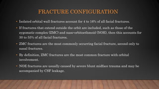 FRACTURE CONFIGURATION
• Isolated orbital wall fractures account for 4 to 16% of all facial fractures.
• If fractures that extend outside the orbit are included, such as those of the
zygomatic complex (ZMC) and naso-orbitoethmoid (NOE), then this accounts for
30 to 55% of all facial fractures.
• ZMC fractures are the most commonly occurring facial fracture, second only to
nasal fractures.
• By definition, ZMC fractures are the most common fracture with orbital
involvement.
• NOE fractures are usually caused by severe blunt midface trauma and may be
accompanied by CSF leakage.
 
