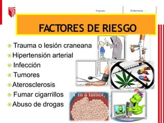 Enfermería
Pregrado
FACTORES DE RIESGO
⦿ Trauma o lesión craneana
⦿Hipertensión arterial
⦿ Infección
⦿ Tumores
⦿Aterosclerosis
⦿ Fumar cigarrillos
⦿Abuso de drogas
 