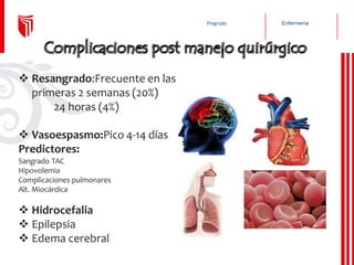 Enfermería
Pregrado
❖ Resangrado:Frecuente en las
primeras 2 semanas (20%)
24 horas (4%)
❖ Vasoespasmo:Pico 4-14 días
Predictores:
Sangrado TAC
Hipovolemia
Complicaciones pulmonares
Alt. Miocárdica
❖ Hidrocefalia
❖ Epilepsia
❖ Edema cerebral
 